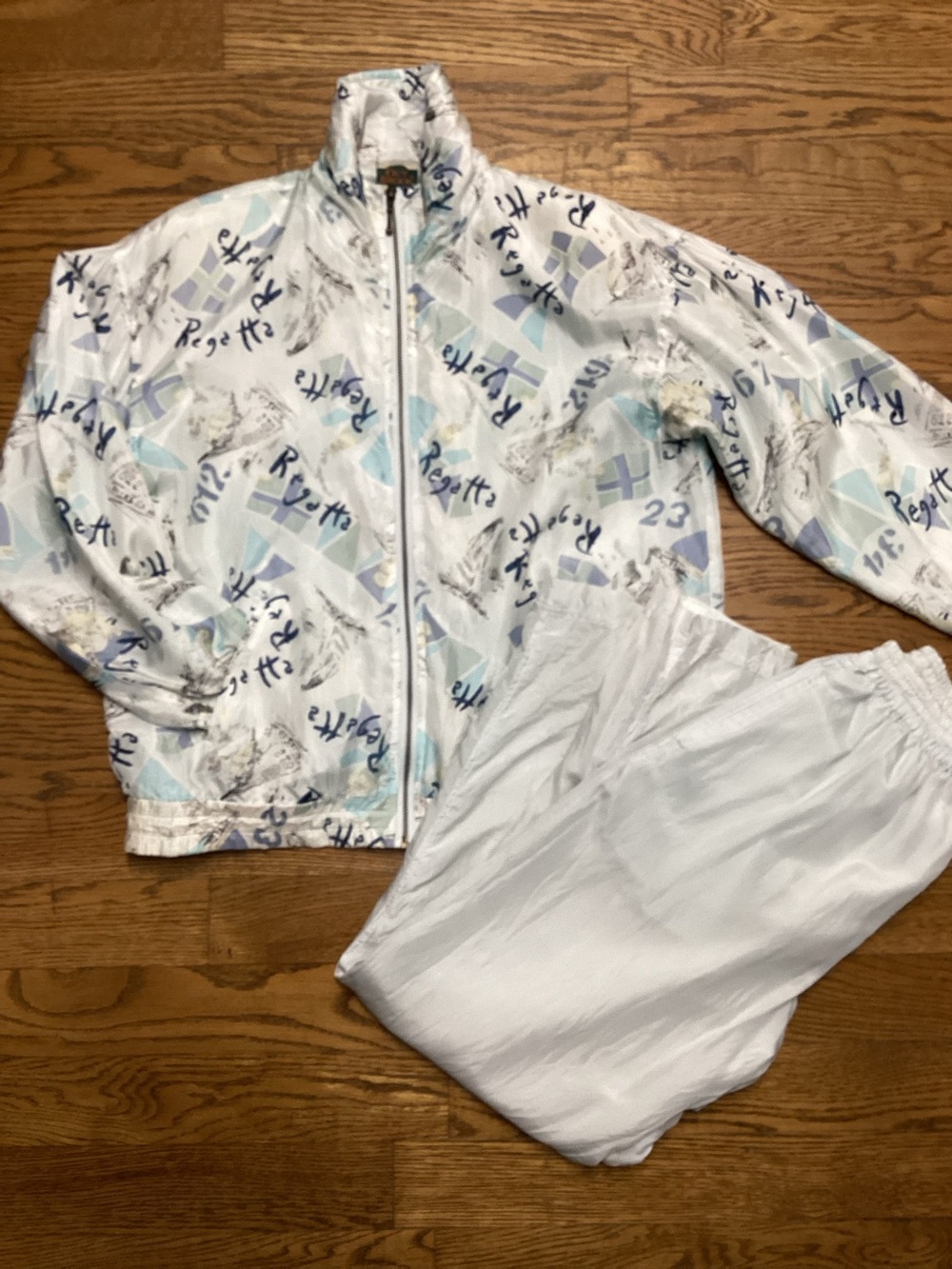 Out Brook Vintage Silk Track Suit Pale Blue Abstract Nautical Size Small